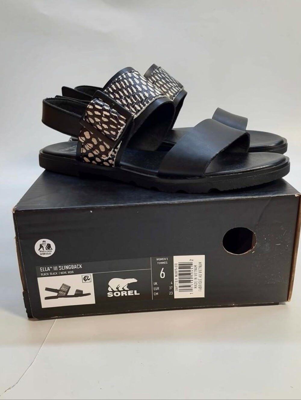 Sorel Ella III Leather Black Sandals Womens Size 6 New